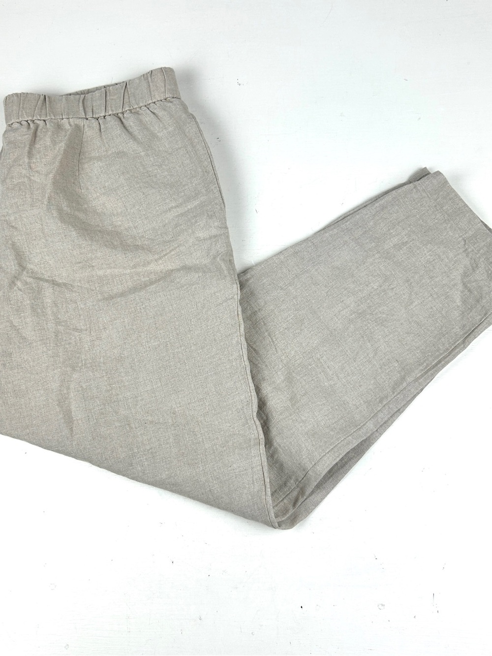 Eileen Fisher Womens Sz PL 100% Organic Linen Beige Pants Elastic Waist Tapered